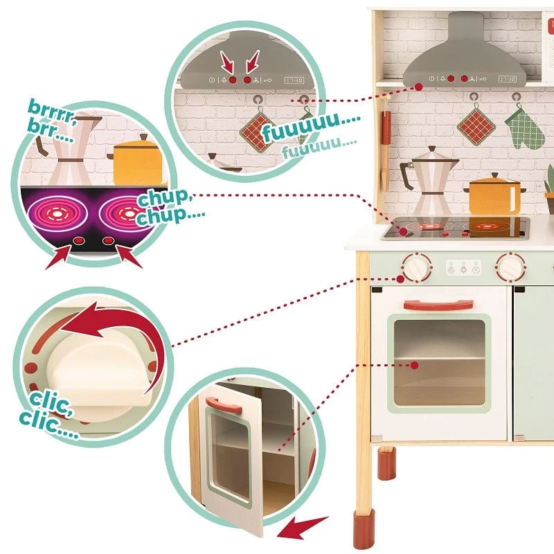 Cucina In Legno Giocattolo Per Bambini - Cucina Luci E Suoni Alta 104 Cm - immagine 3